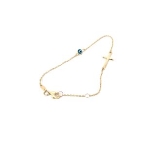 9ct yellow gold Fine bracelet with cross and evil eye.